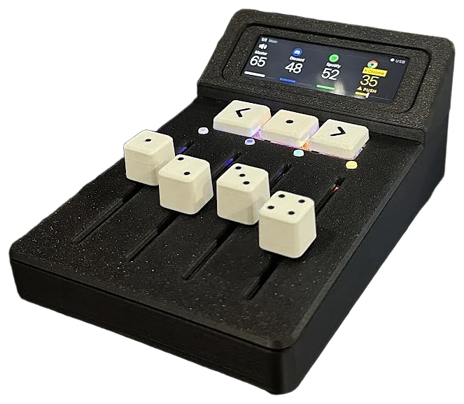 The printed and assembled mixer with the screen showing Master, Discord, Spotify and Chrome.
