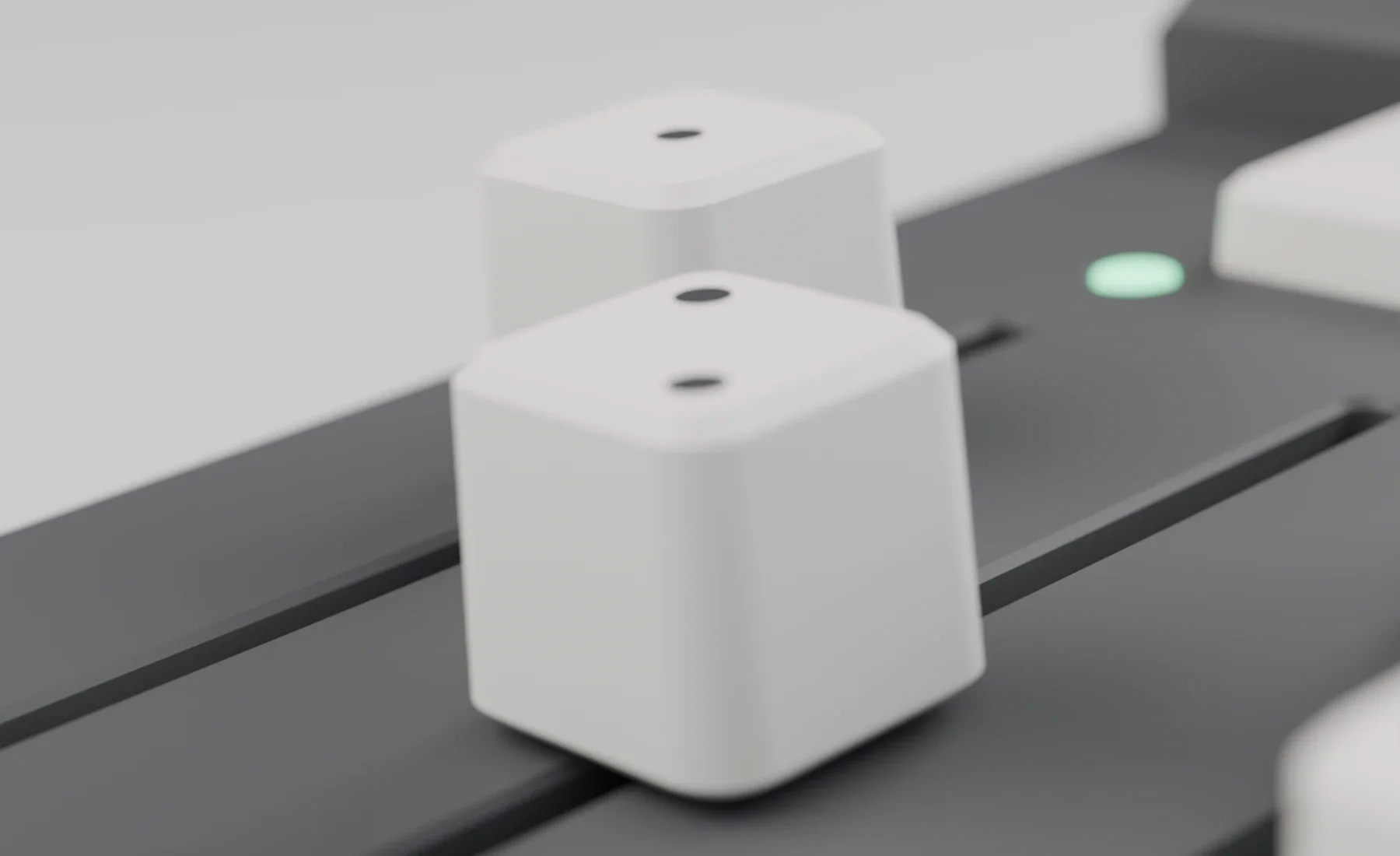 Close-up render of the dice fader caps with one and two pips, and a green channel LED.