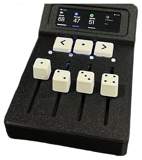 The assembled mixer from above, LEDs lit under each fader.