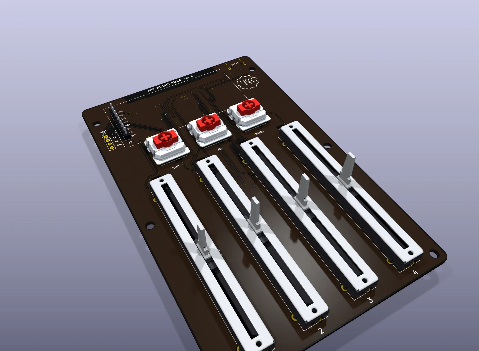 3D view of the mixer's circuit board, rev A: four slide potentiometers, three red mechanical switches labelled BANK minus, SEL and BANK plus, a display header and a USB-C port.