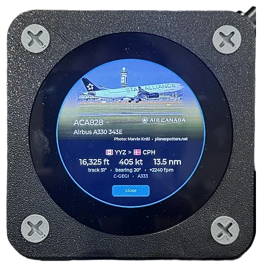 Detail card for Air Canada 828, an Airbus A330, Toronto to Copenhagen at 16,325 feet and 405 knots, 13.5 nautical miles away.