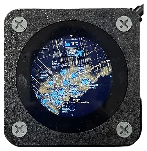 The radar's map view with live aircraft over Toronto and the local temperature.